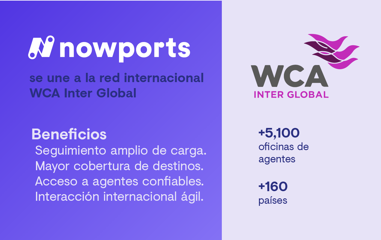 Nowports se une a la red internacional WCA Inter Global. Beneficios: seguimiento amplio de carga, mayor cobertura de destinos, acceso a agentes confiables, interacción internacional ágil. +5,100 oficinas de agentes +160 países.